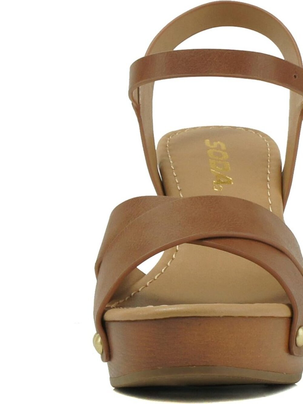 Women's Tan Pu Fashion Chunky Platform Block Mid Heel Sandal With Ankle Strap - Picture 3 of 4